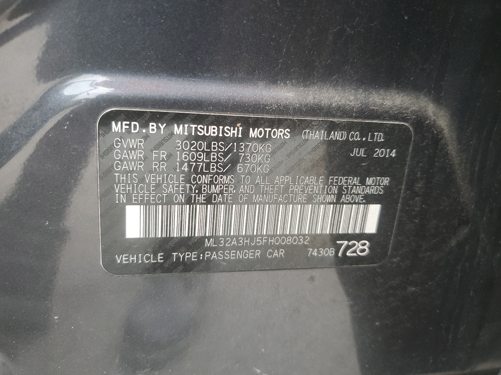 ML32A3HJ5FH008032 2015 Mitsubishi Mirage De