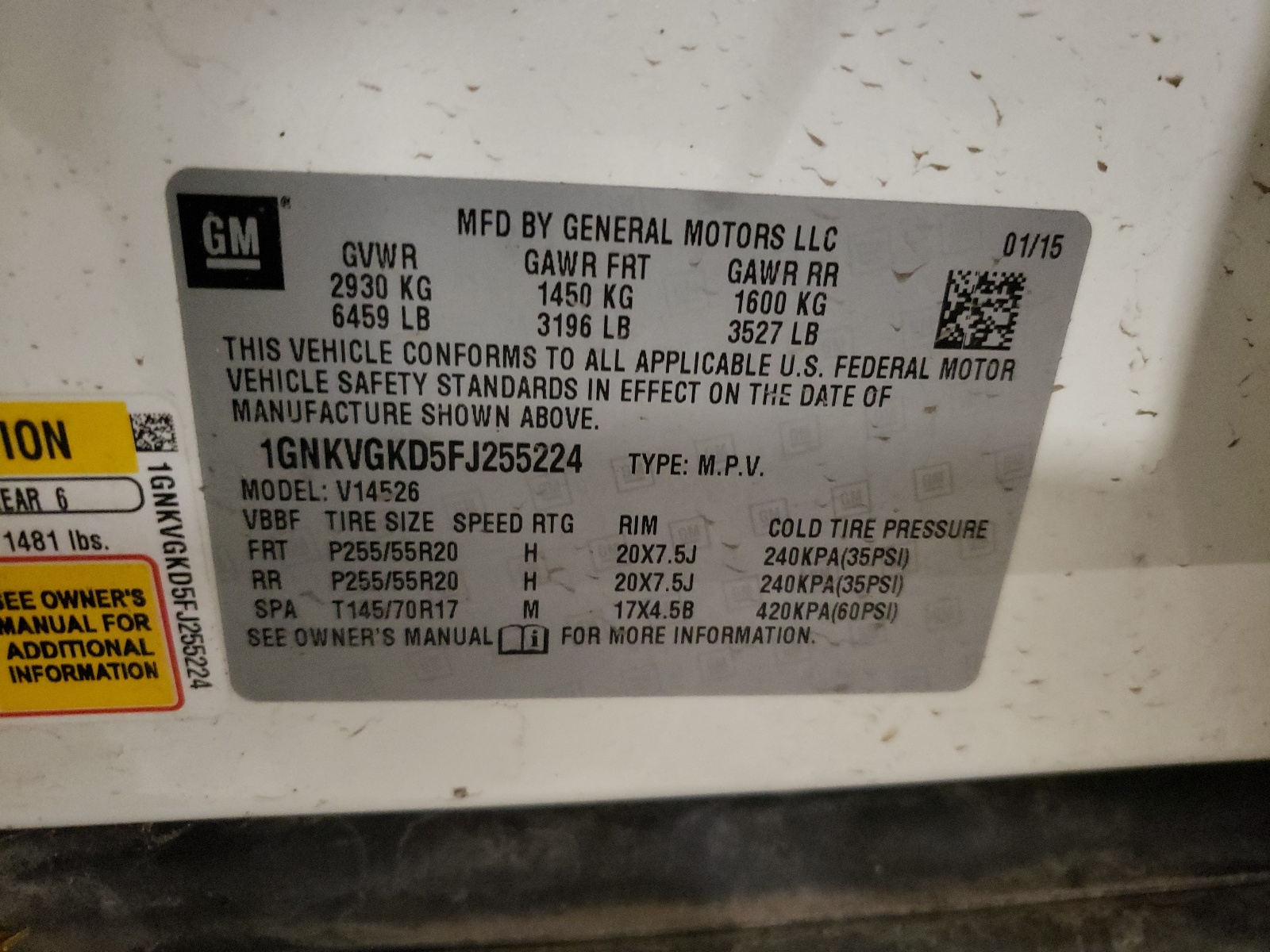 1GNKVGKD5FJ255224 2015 Chevrolet Traverse Lt