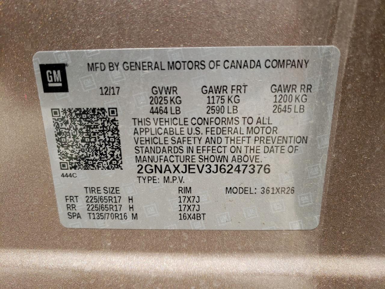 2GNAXJEV3J6247376 2018 Chevrolet Equinox Lt