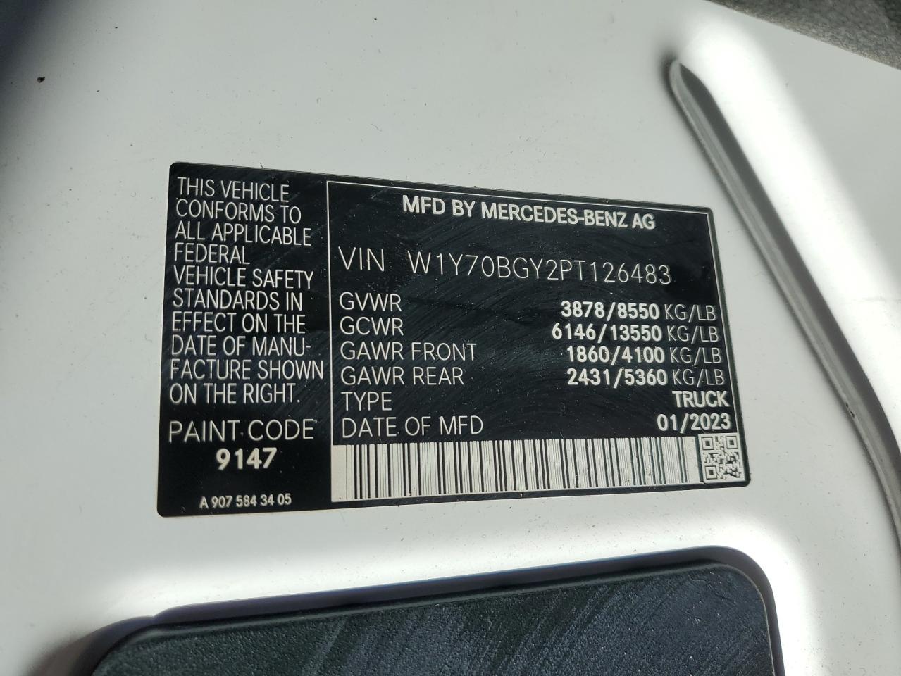 2023 Mercedes-Benz Sprinter 1500 VIN: W1Y70BGY2PT126483 Lot: 58729864