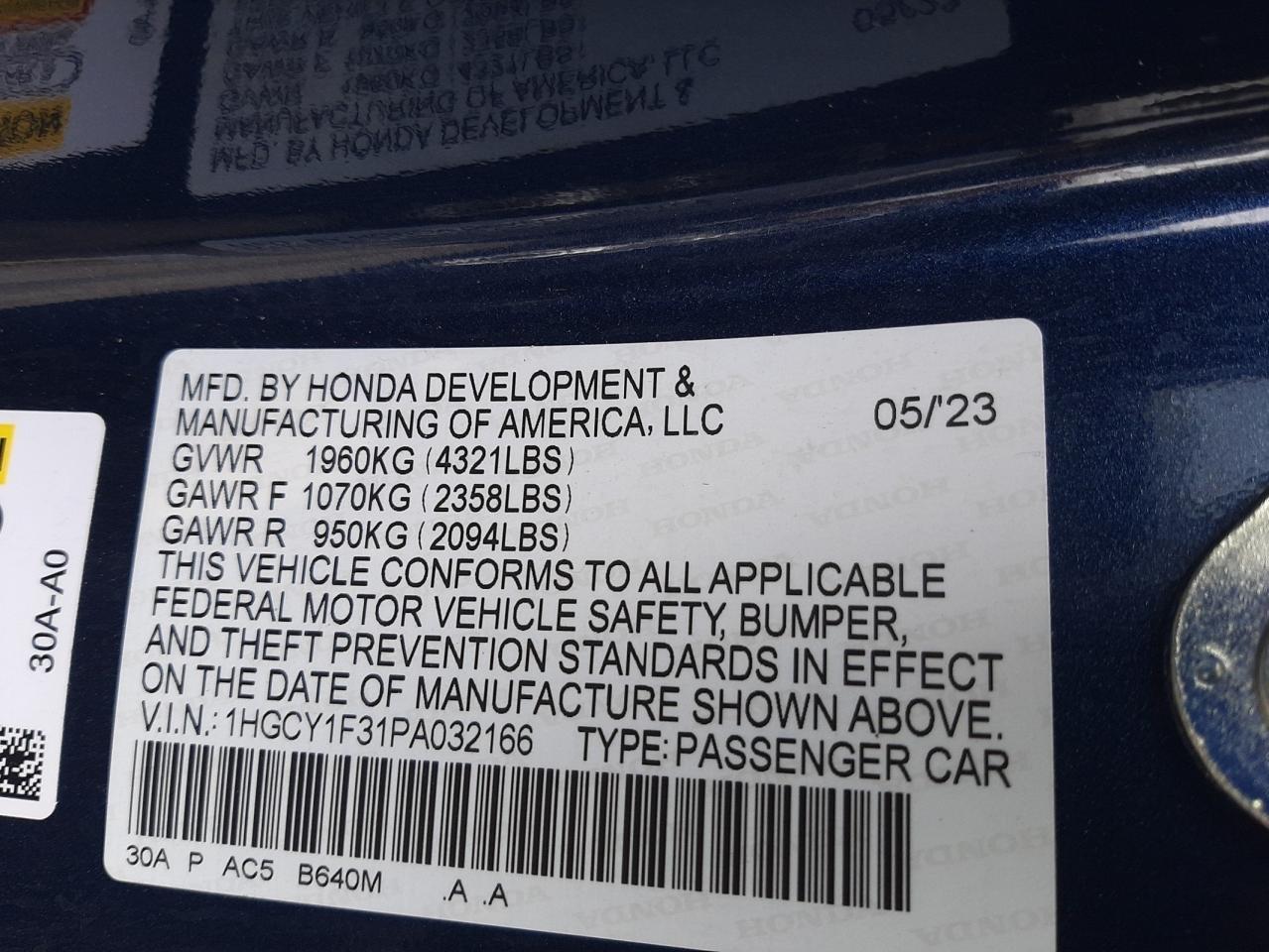 2023 Honda Accord Ex VIN: 1HGCY1F31PA032166 Lot: 57345054