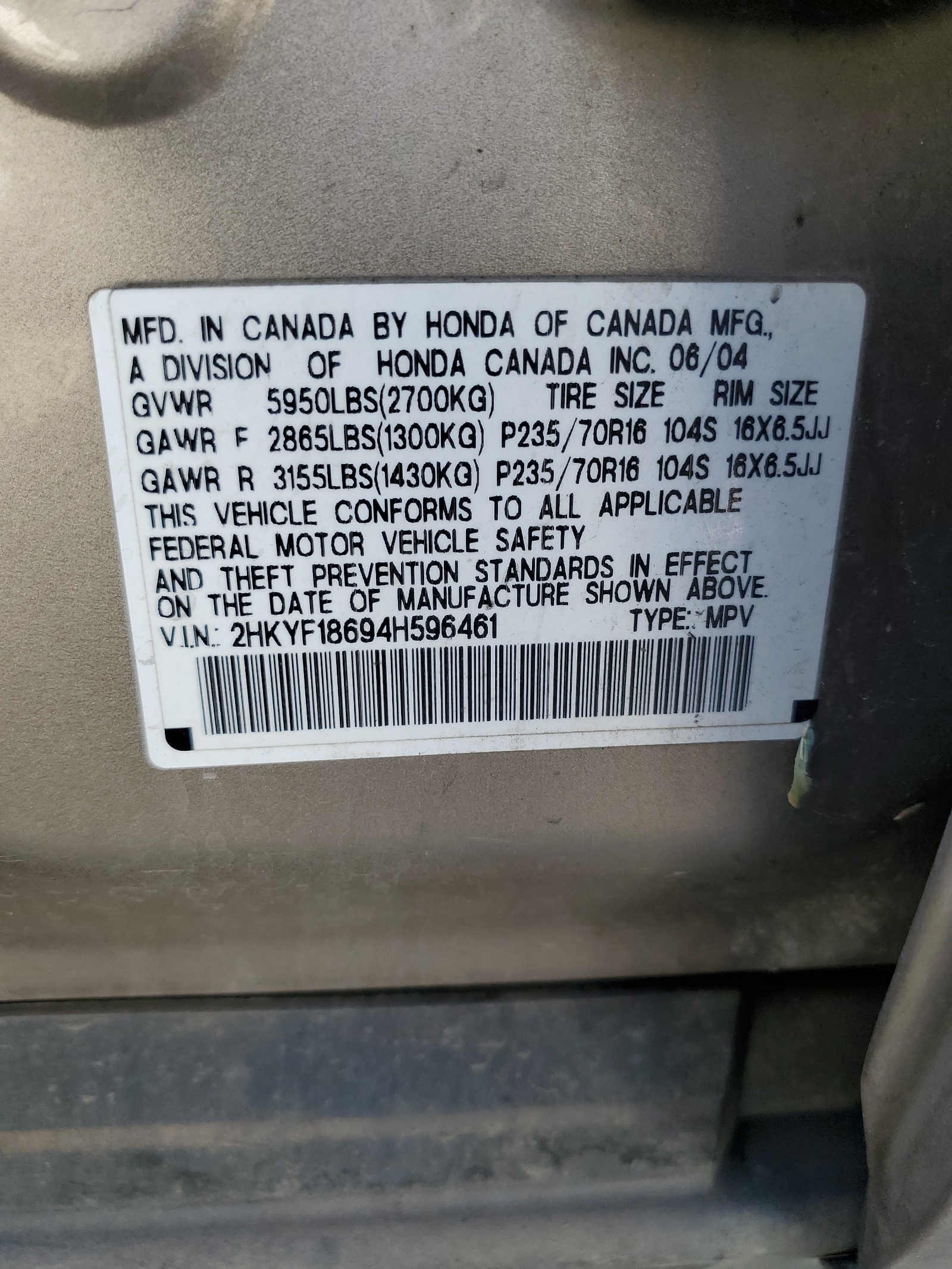 2HKYF18694H596461 2004 Honda Pilot Exl