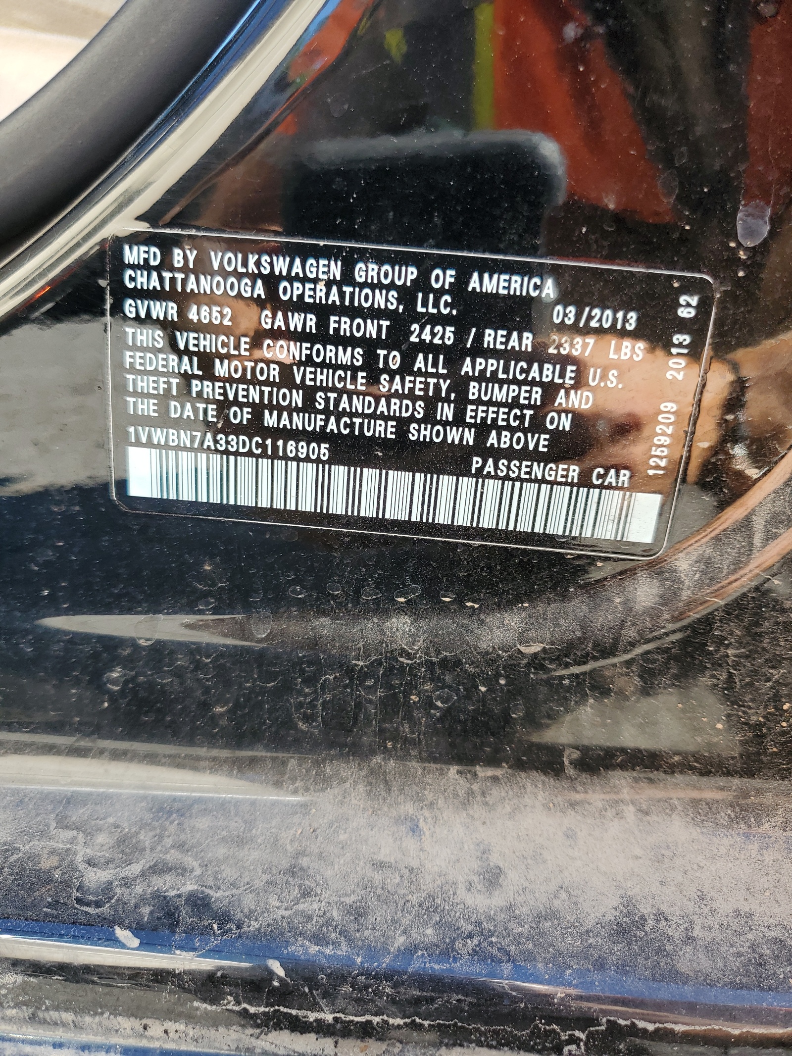 1VWBN7A33DC116905 2013 Volkswagen Passat Se