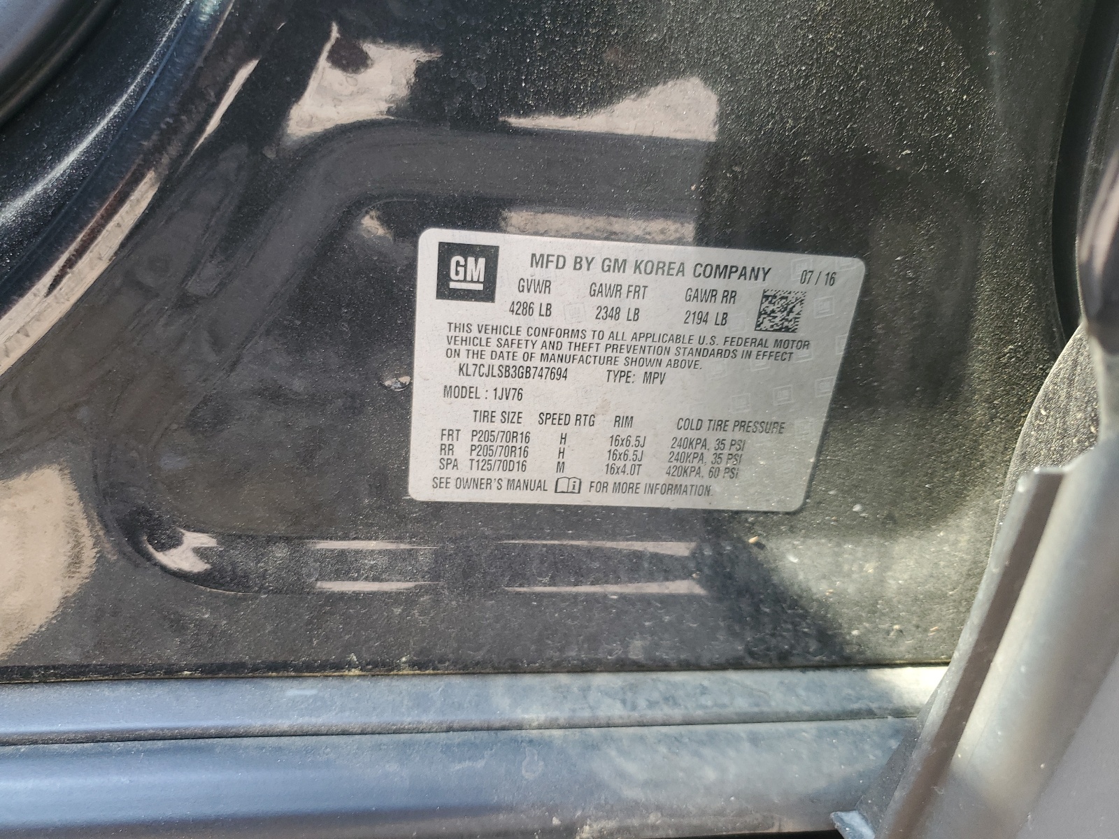 KL7CJLSB3GB747694 2016 Chevrolet Trax 1Lt