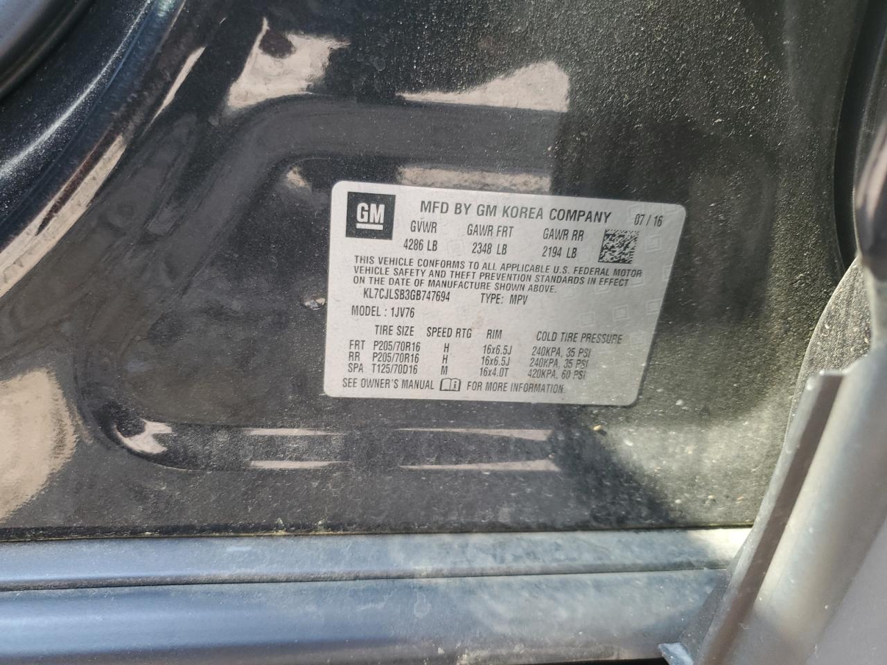 2016 Chevrolet Trax 1Lt VIN: KL7CJLSB3GB747694 Lot: 59241544