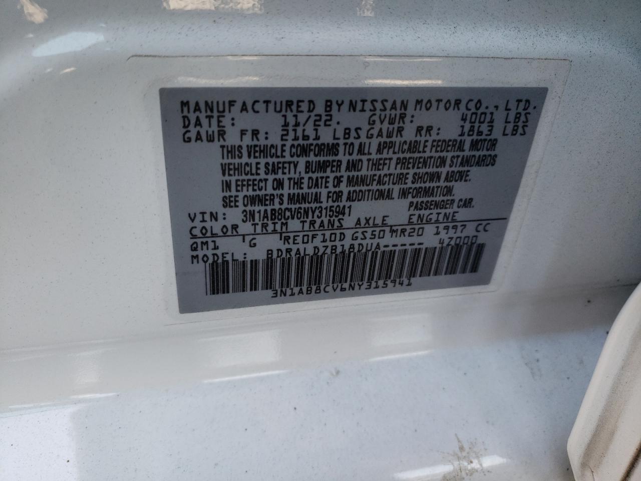 2022 Nissan Sentra Sv VIN: 3N1AB8CV6NY315941 Lot: 61113414