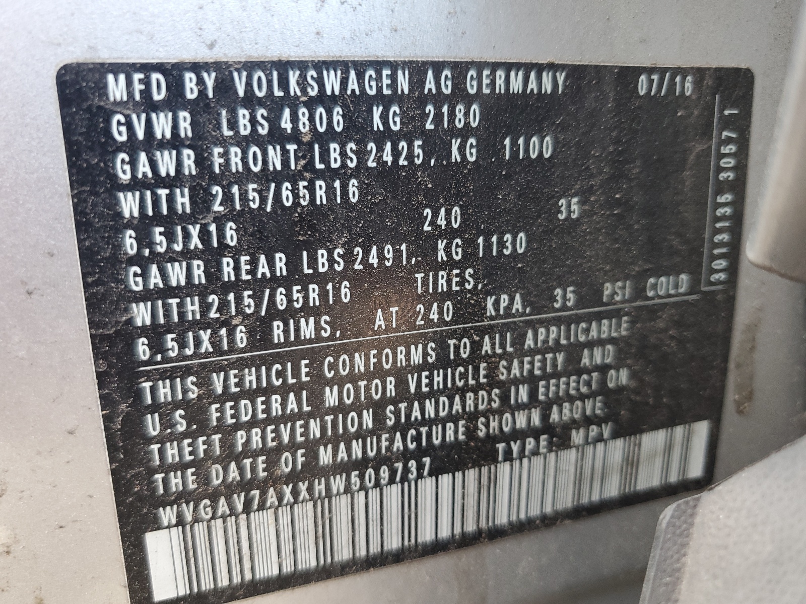 WVGAV7AXXHW509737 2017 Volkswagen Tiguan S