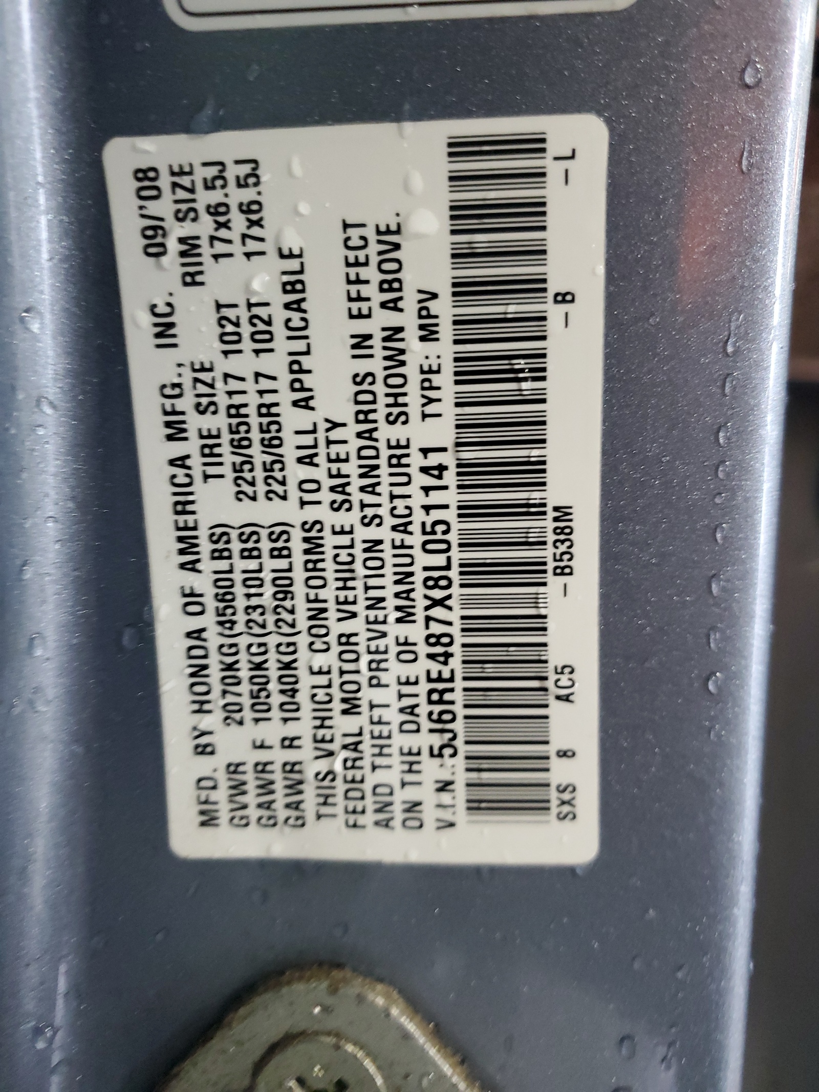 5J6RE487X8L051141 2008 Honda Cr-V Exl