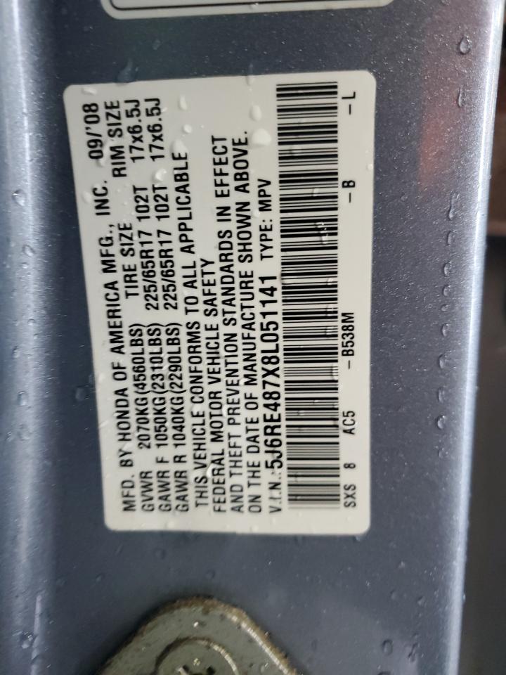 2008 Honda Cr-V Exl VIN: 5J6RE487X8L051141 Lot: 59961924