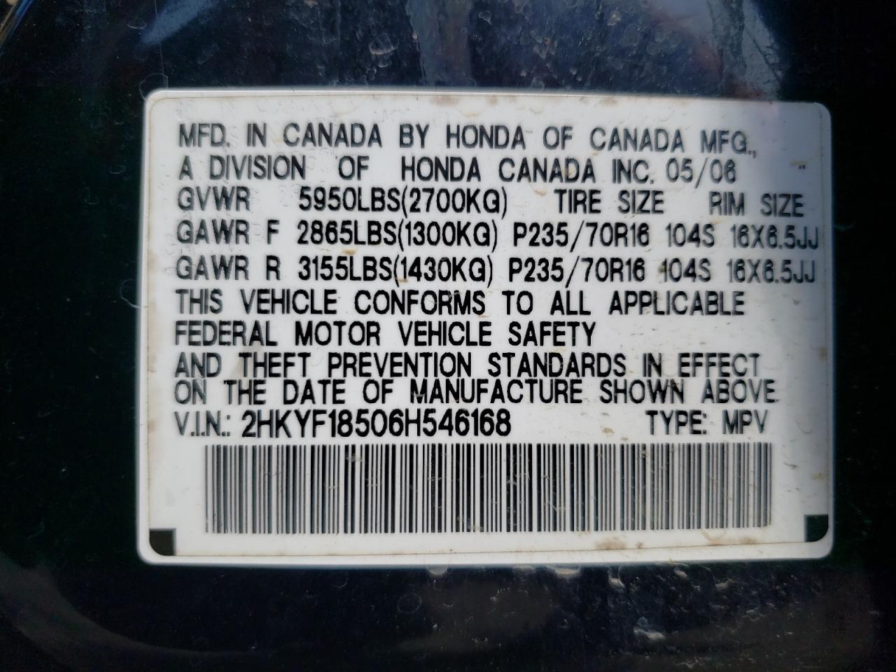 2006 Honda Pilot Ex VIN: 2HKYF18506H546168 Lot: 58277574