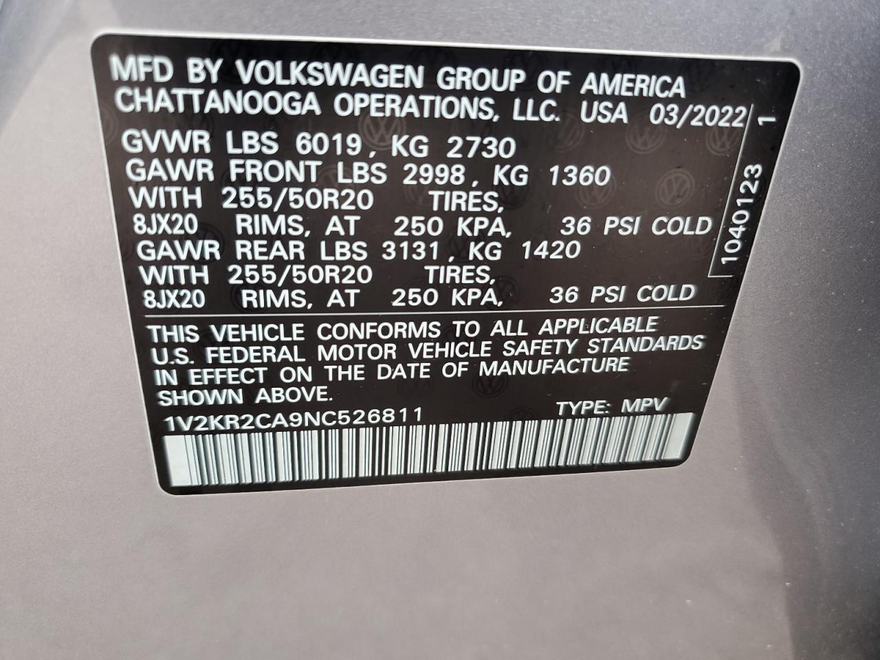 2022 Volkswagen Atlas Se VIN: 1V2KR2CA9NC526811 Lot: 57398454