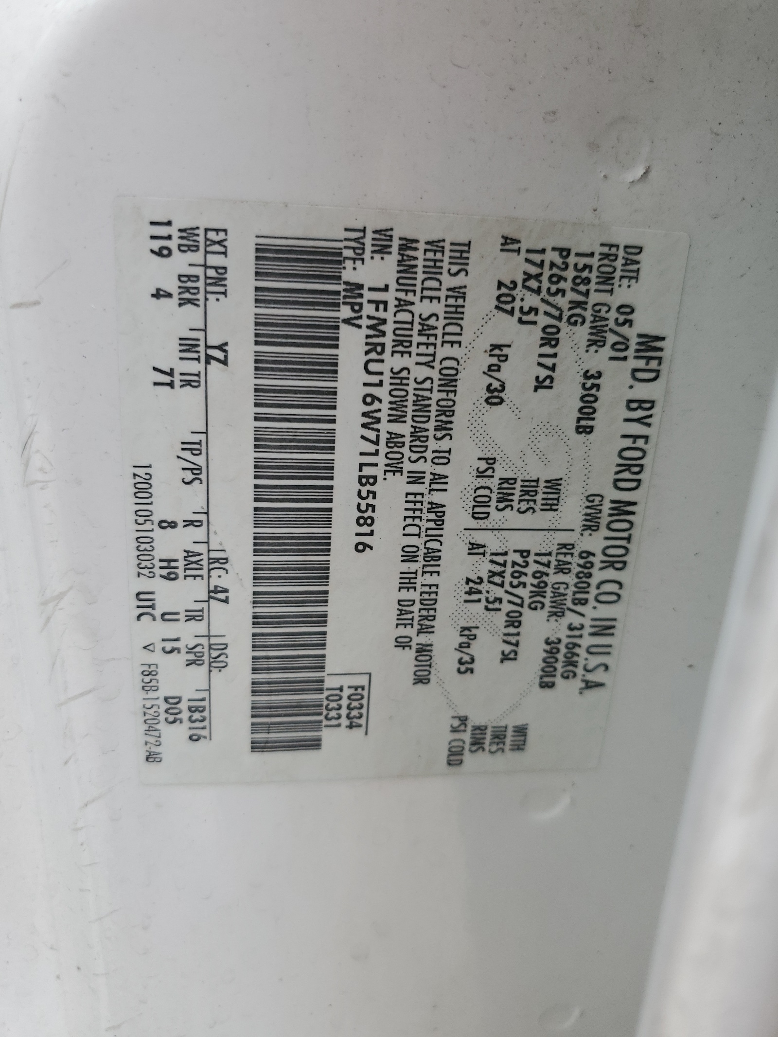 1FMRU16W71LB55816 2001 Ford Expedition Xlt