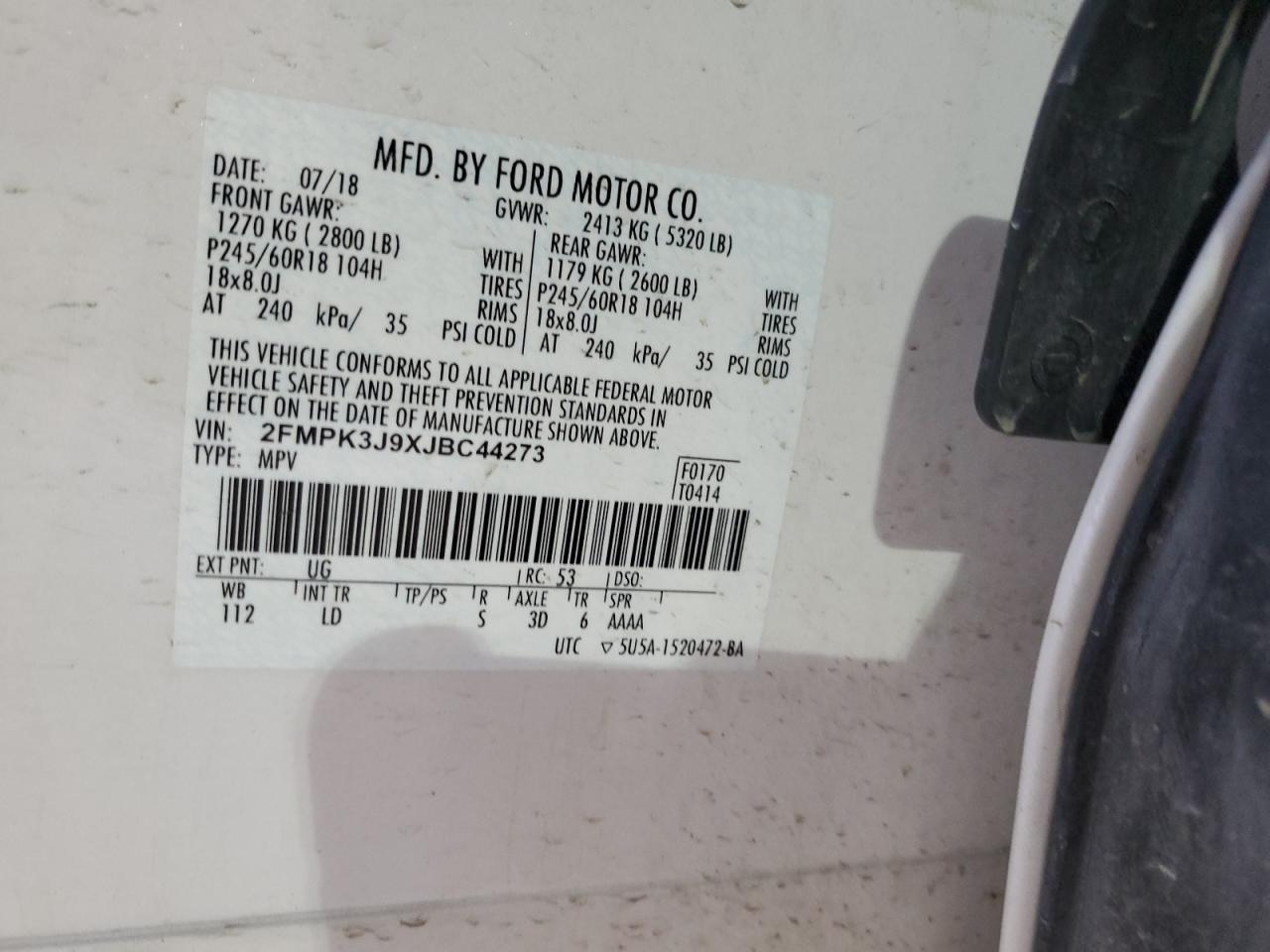 2018 Ford Edge Sel VIN: 2FMPK3J9XJBC44273 Lot: 59856444