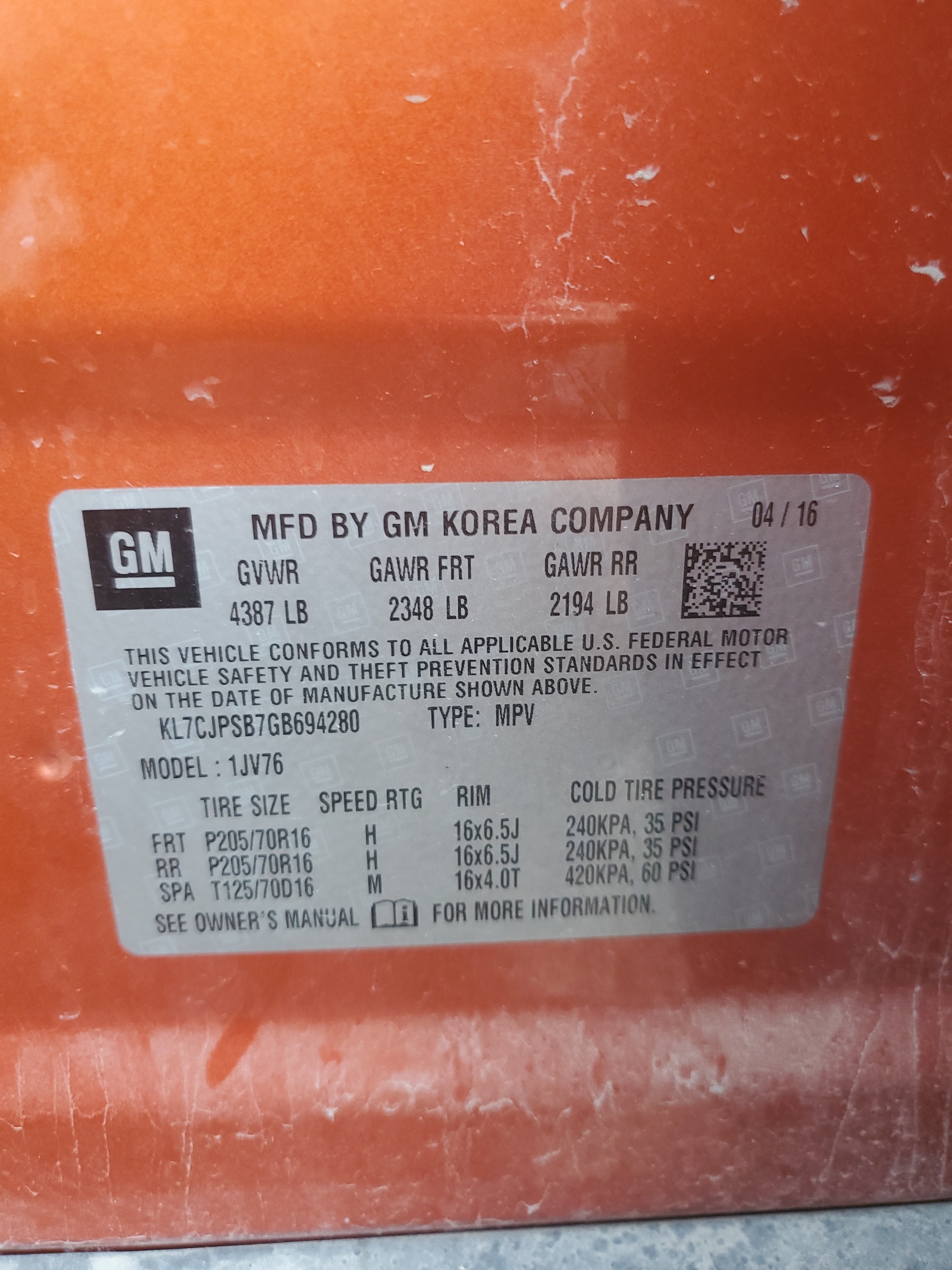 KL7CJPSB7GB694280 2016 Chevrolet Trax 1Lt