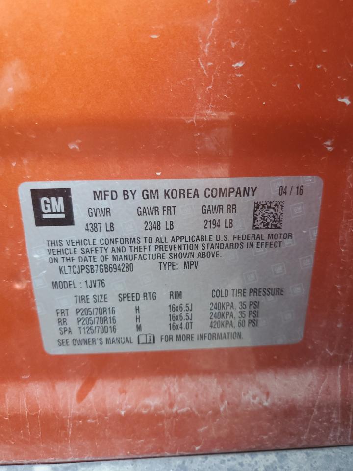 2016 Chevrolet Trax 1Lt VIN: KL7CJPSB7GB694280 Lot: 61056754