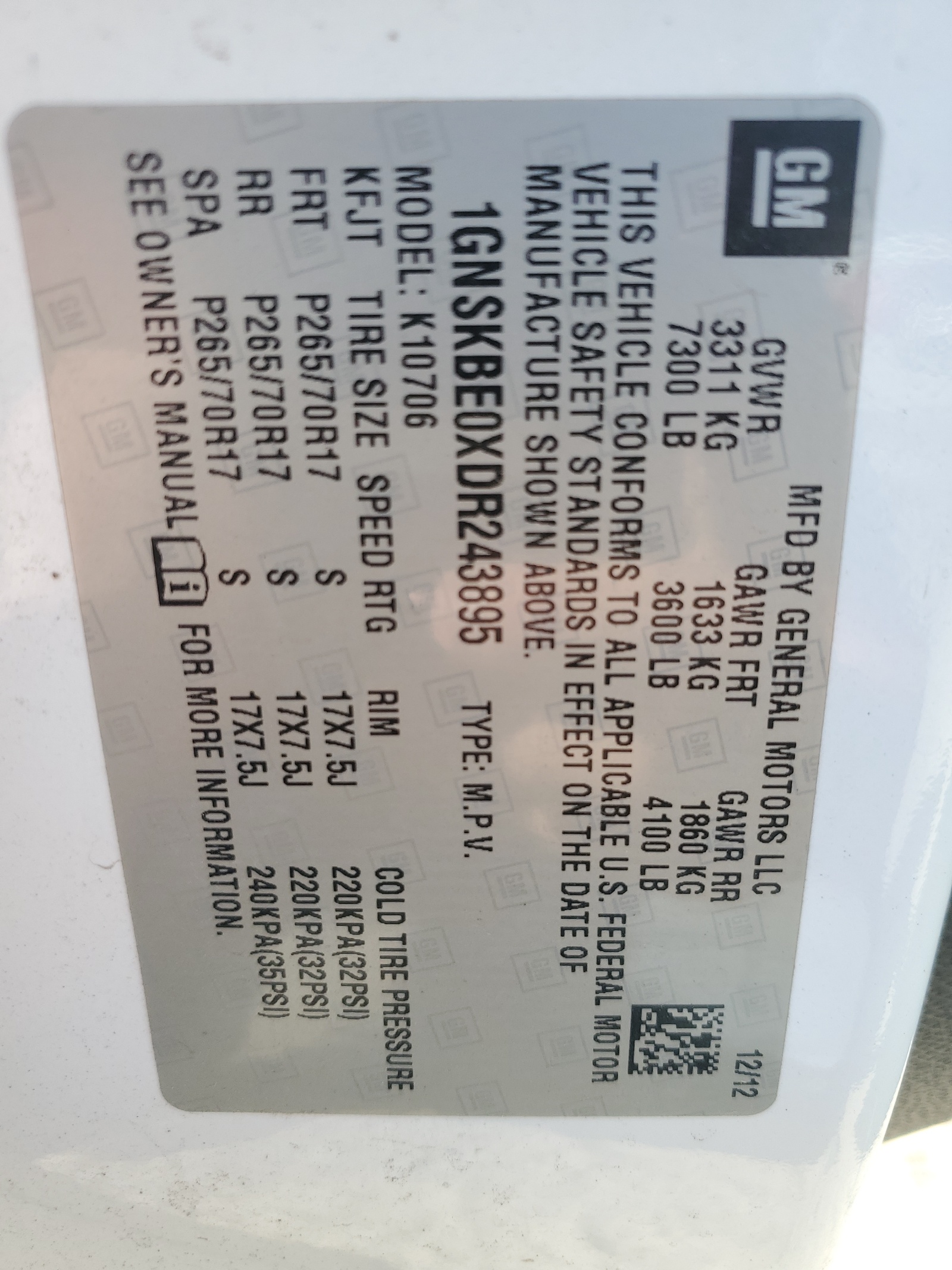 1GNSKBE0XDR243895 2013 Chevrolet Tahoe K1500 Lt