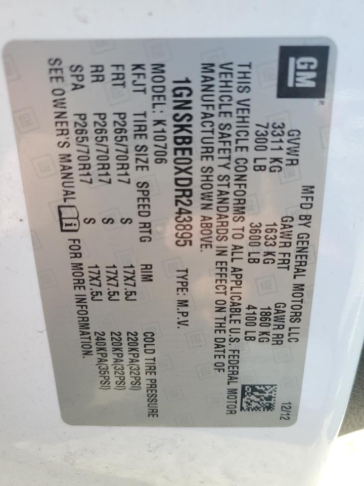 2013 Chevrolet Tahoe K1500 Lt VIN: 1GNSKBE0XDR243895 Lot: 60248744