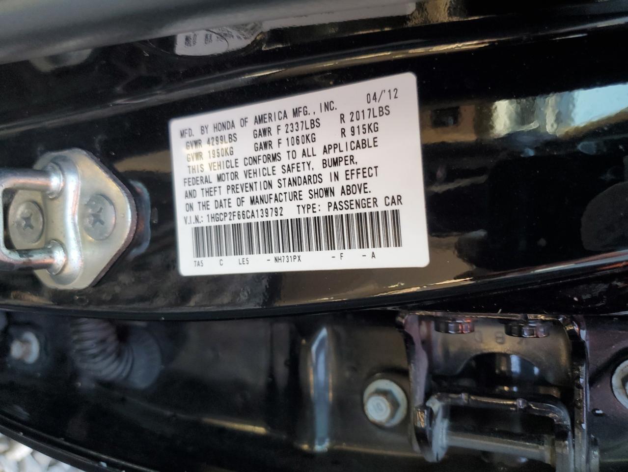 1HGCP2F66CA139792 2012 Honda Accord Se