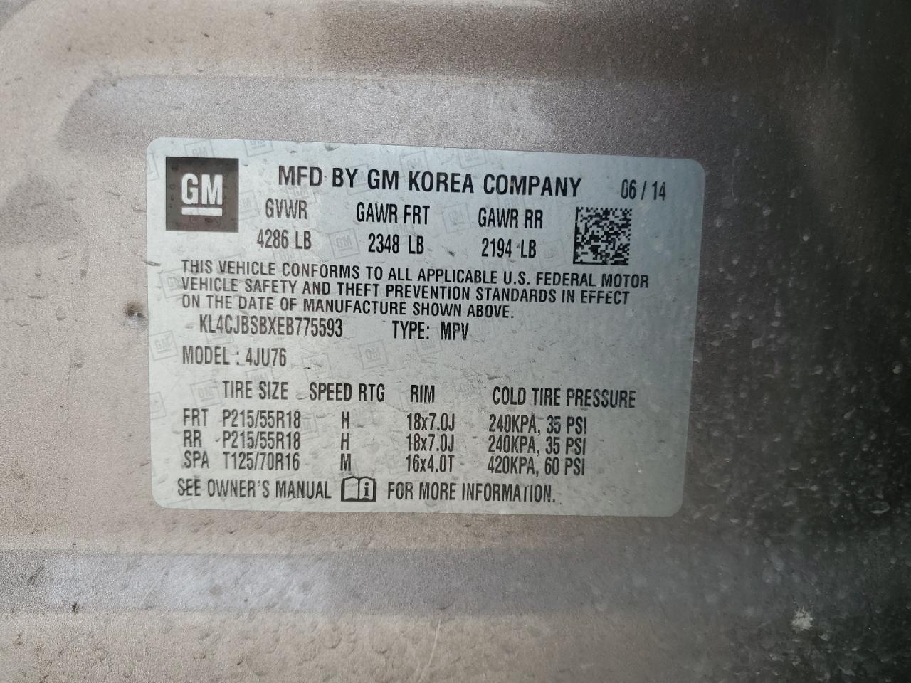 2014 Buick Encore Convenience VIN: KL4CJBSBXEB775593 Lot: 57555944