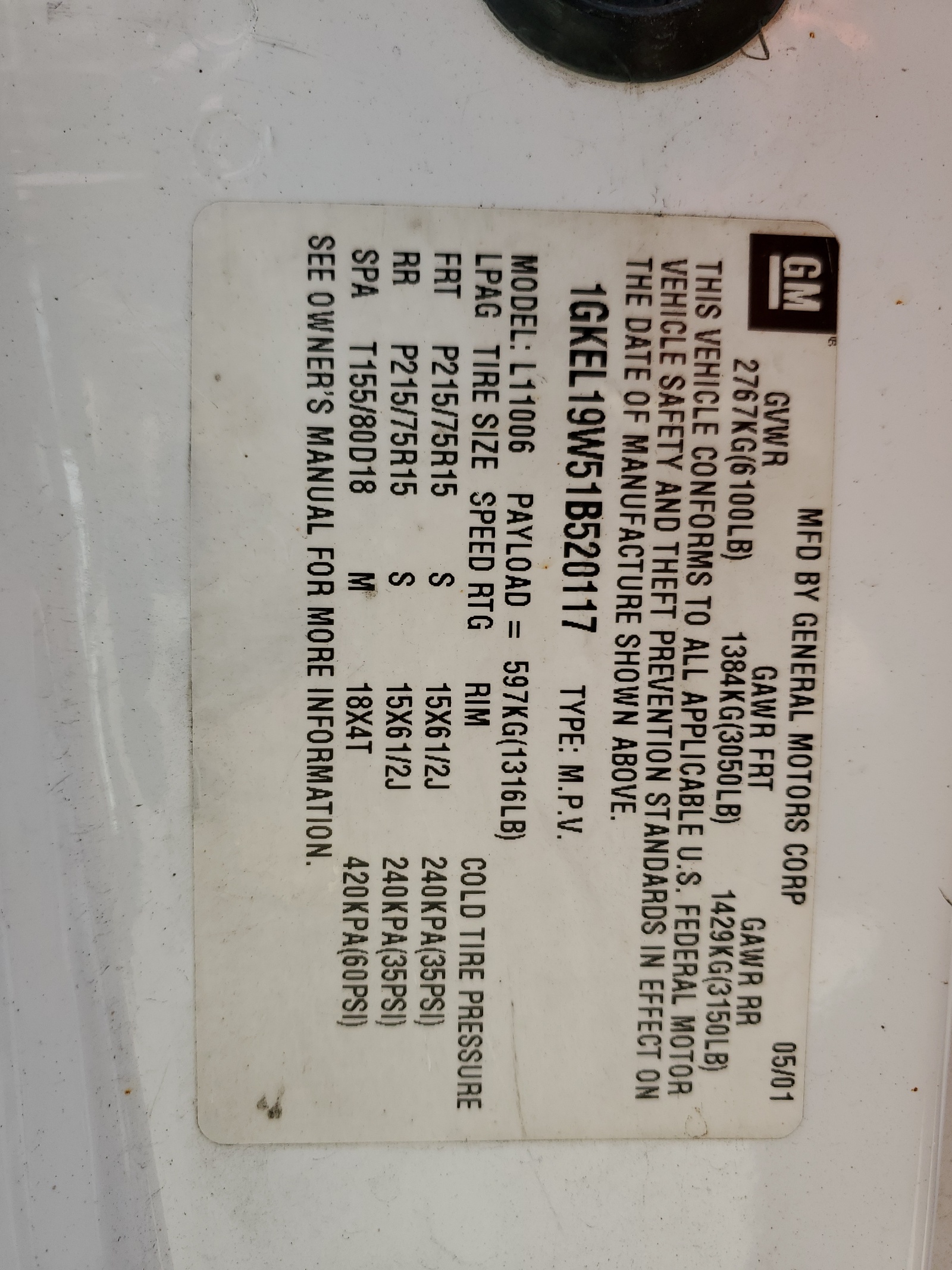 1GKEL19W51B520117 2001 GMC Safari Xt