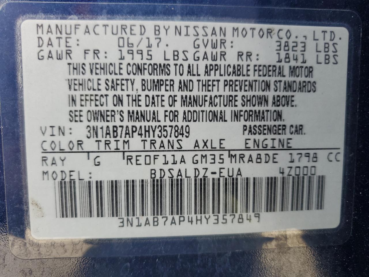 3N1AB7AP4HY357849 2017 Nissan Sentra S