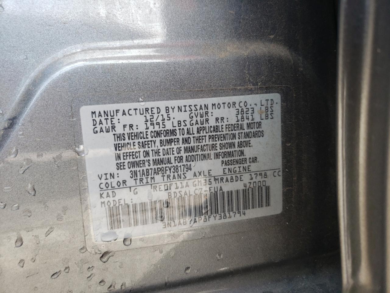 2015 Nissan Sentra S VIN: 3N1AB7AP8FY381794 Lot: 59445534