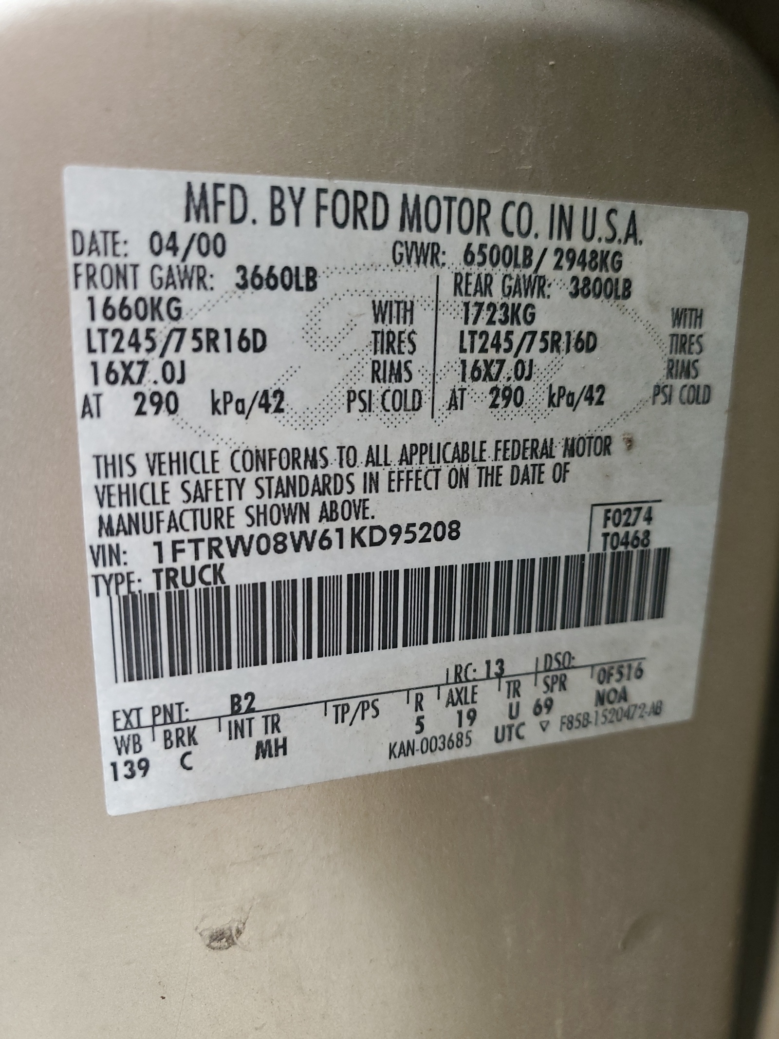 1FTRW08W61KD95208 2001 Ford F150 Supercrew