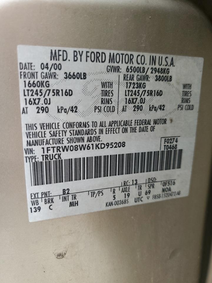 2001 Ford F150 Supercrew VIN: 1FTRW08W61KD95208 Lot: 57762414