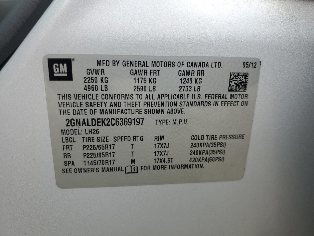 2012 Chevrolet Equinox Lt VIN: 2GNALDEK2C6369197 Lot: 60623914