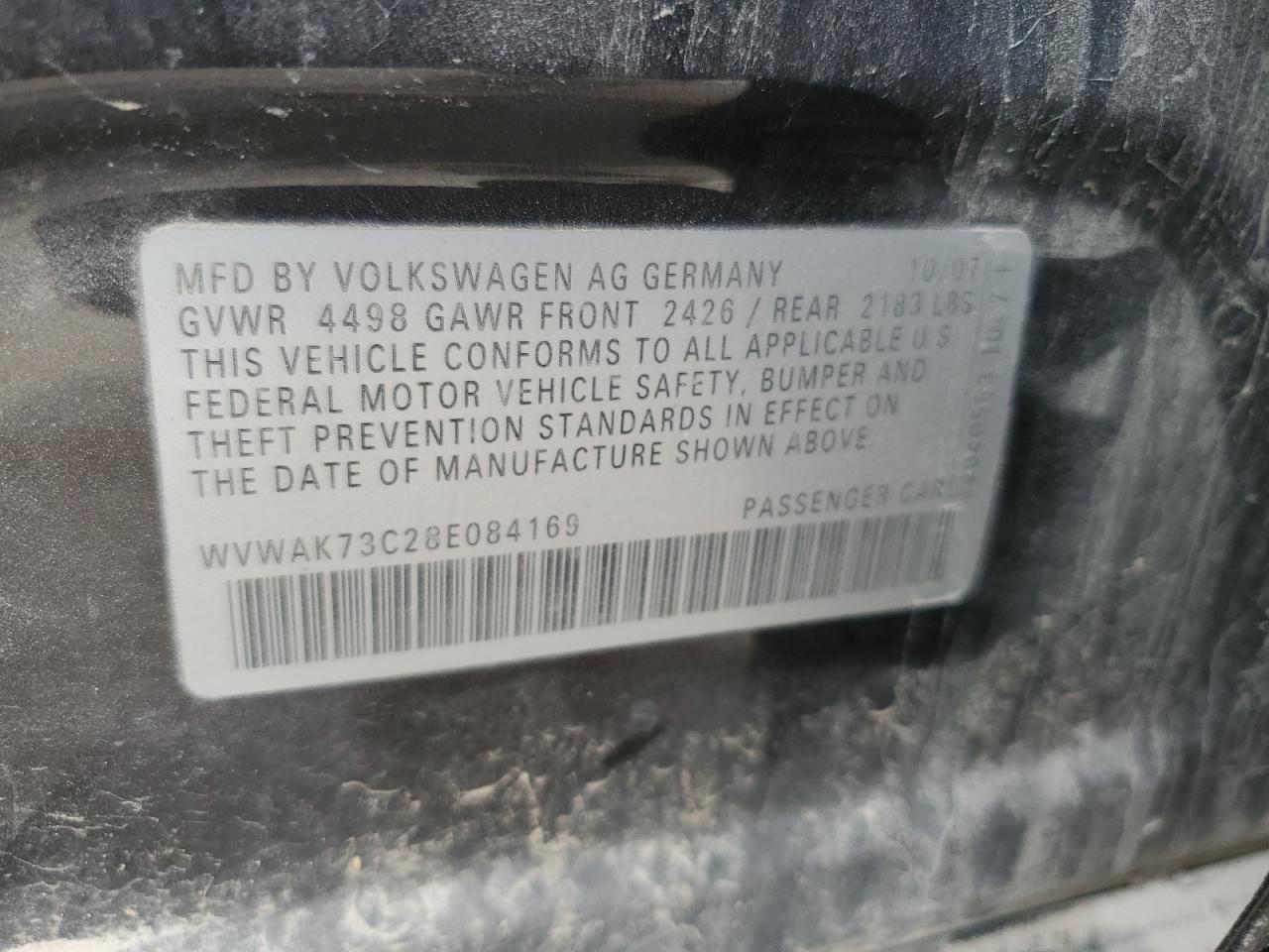 2008 Volkswagen Passat Komfort VIN: WVWAK73C28E084169 Lot: 59341304