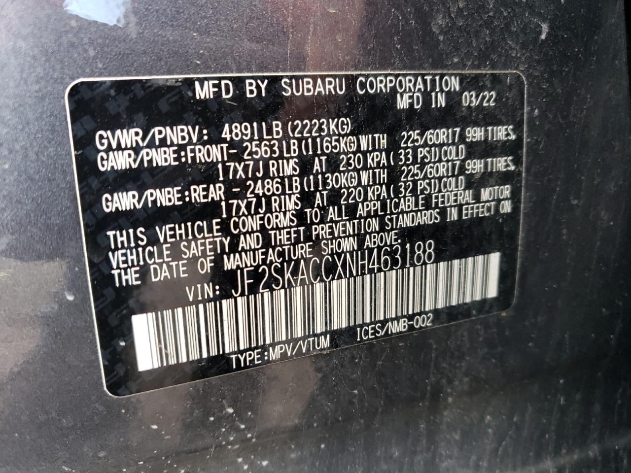 2022 Subaru Forester VIN: JF2SKACCXNH463188 Lot: 60739054