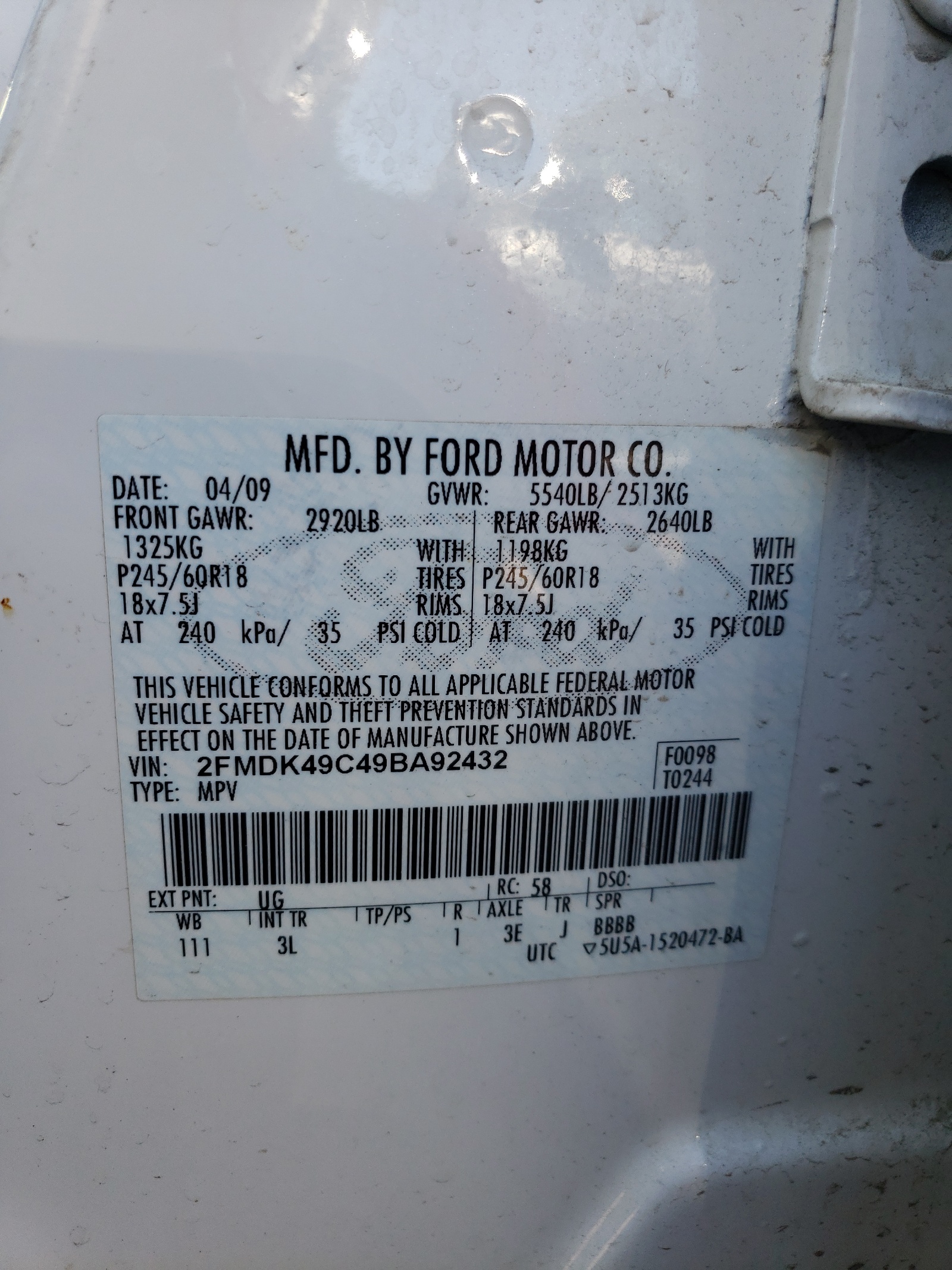 2FMDK49C49BA92432 2009 Ford Edge Limited