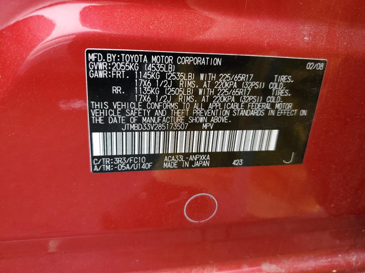 2008 Toyota Rav4 VIN: JTMBD33V285173507 Lot: 57113194