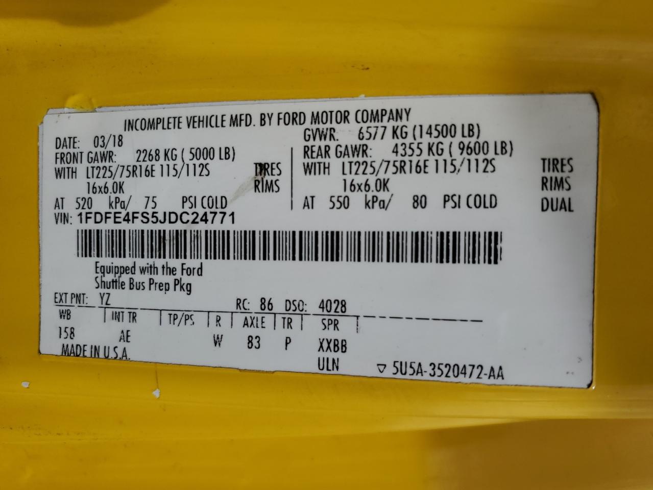 2018 Ford Econoline E450 Super Duty Cutaway Van VIN: 1FDFE4FS5JDC24771 Lot: 60124504