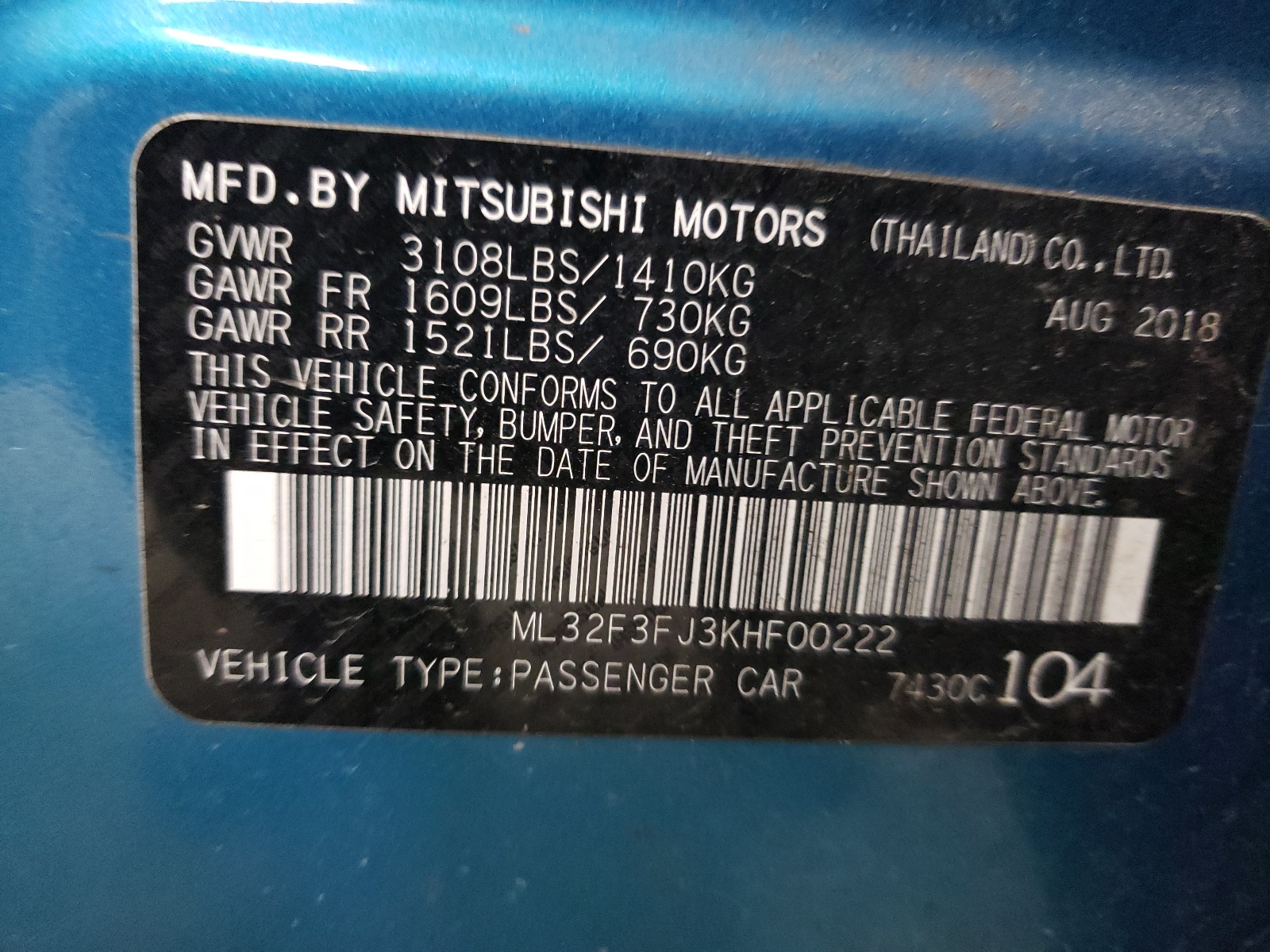 ML32F3FJ3KHF00222 2019 Mitsubishi Mirage G4 Es