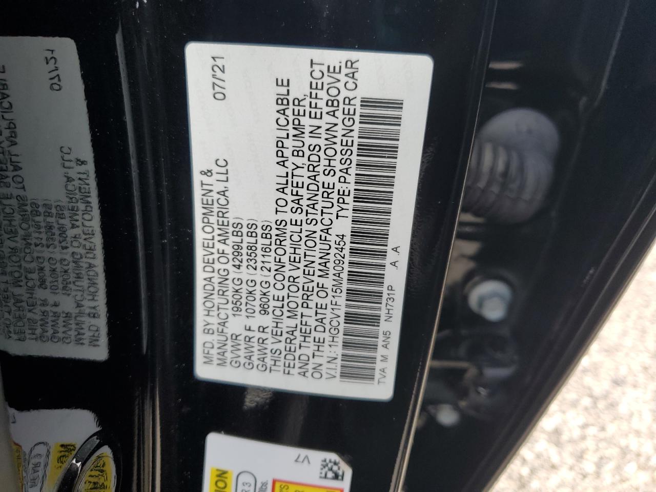 1HGCV1F15MA092454 2021 Honda Accord Lx