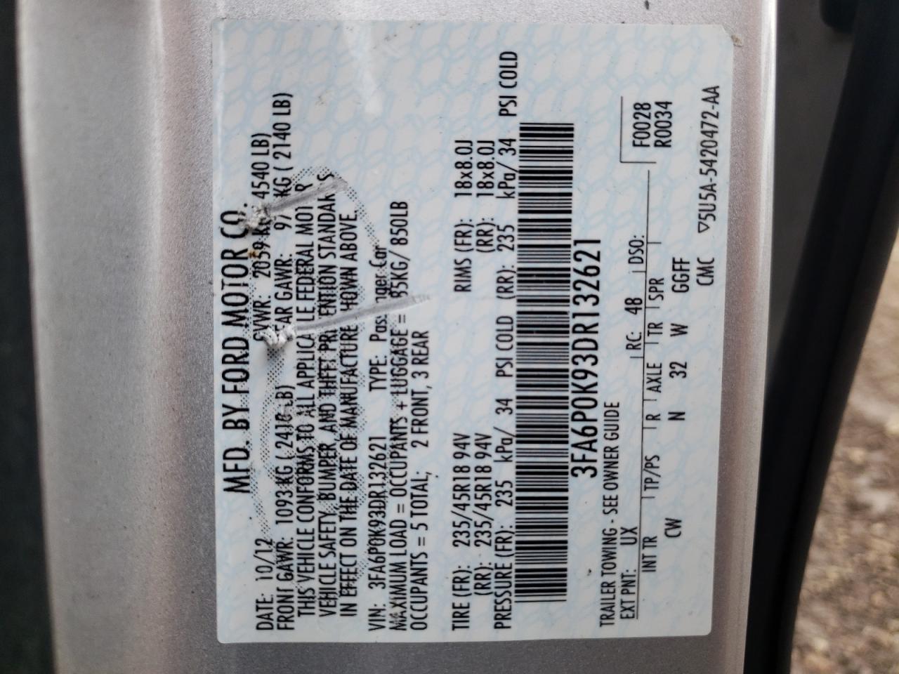 2013 Ford Fusion Titanium VIN: 3FA6P0K93DR132621 Lot: 60064164