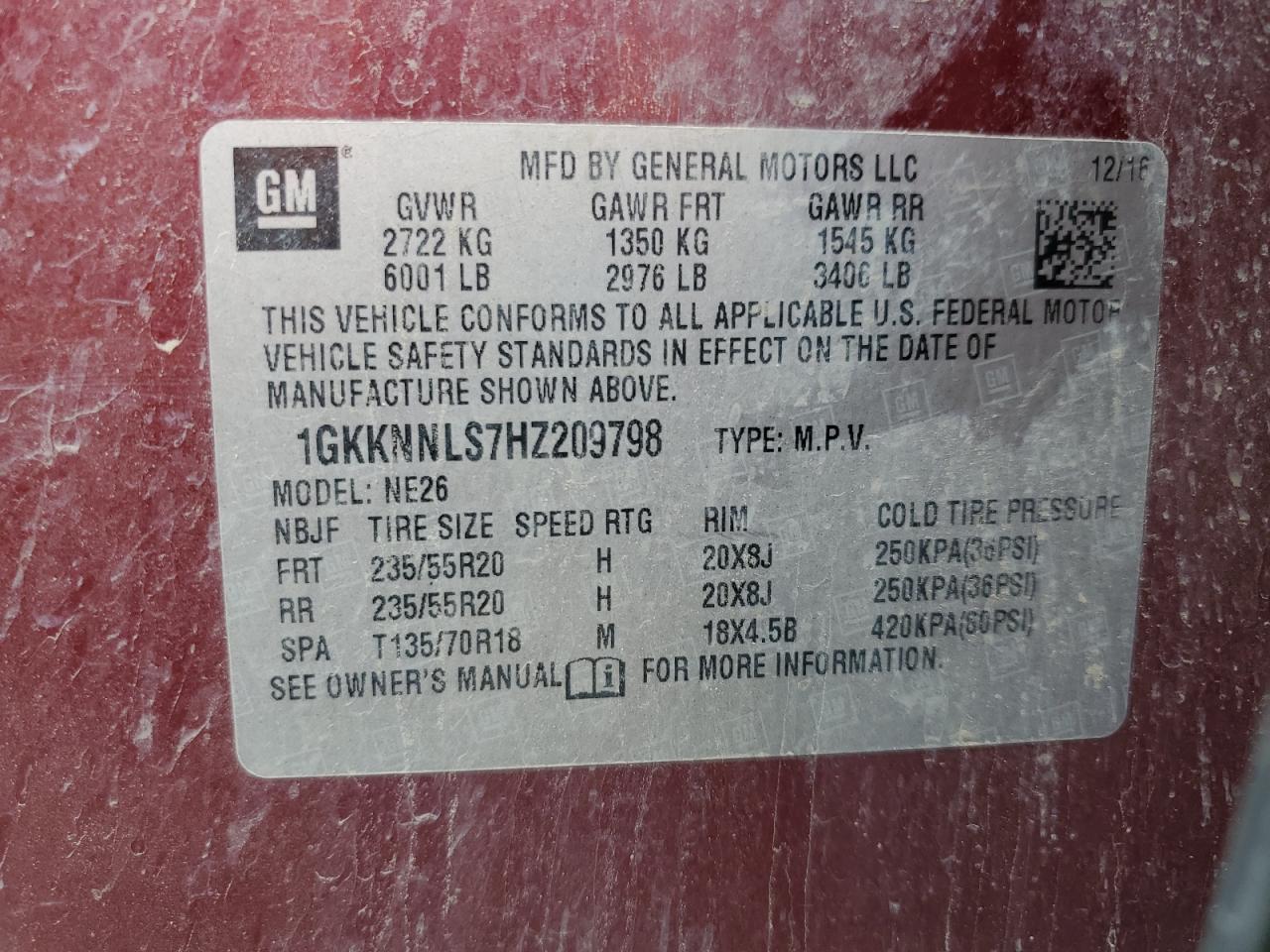 2017 GMC Acadia Slt-2 VIN: 1GKKNNLS7HZ209798 Lot: 59948144