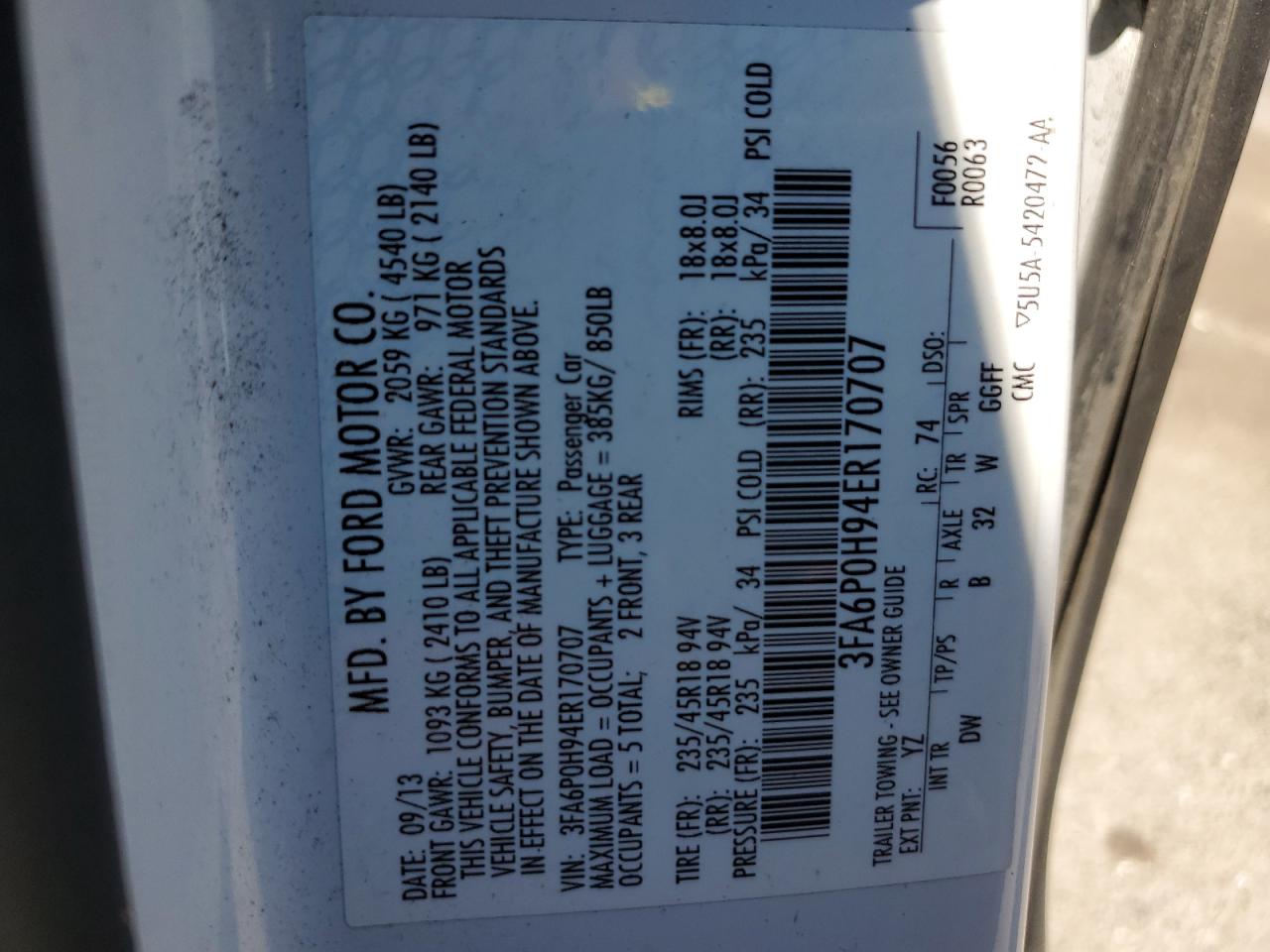 3FA6P0H94ER170707 2014 Ford Fusion Se