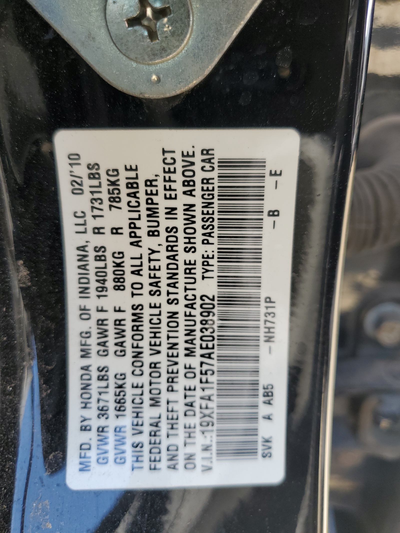 19XFA1F57AE038902 2010 Honda Civic Lx