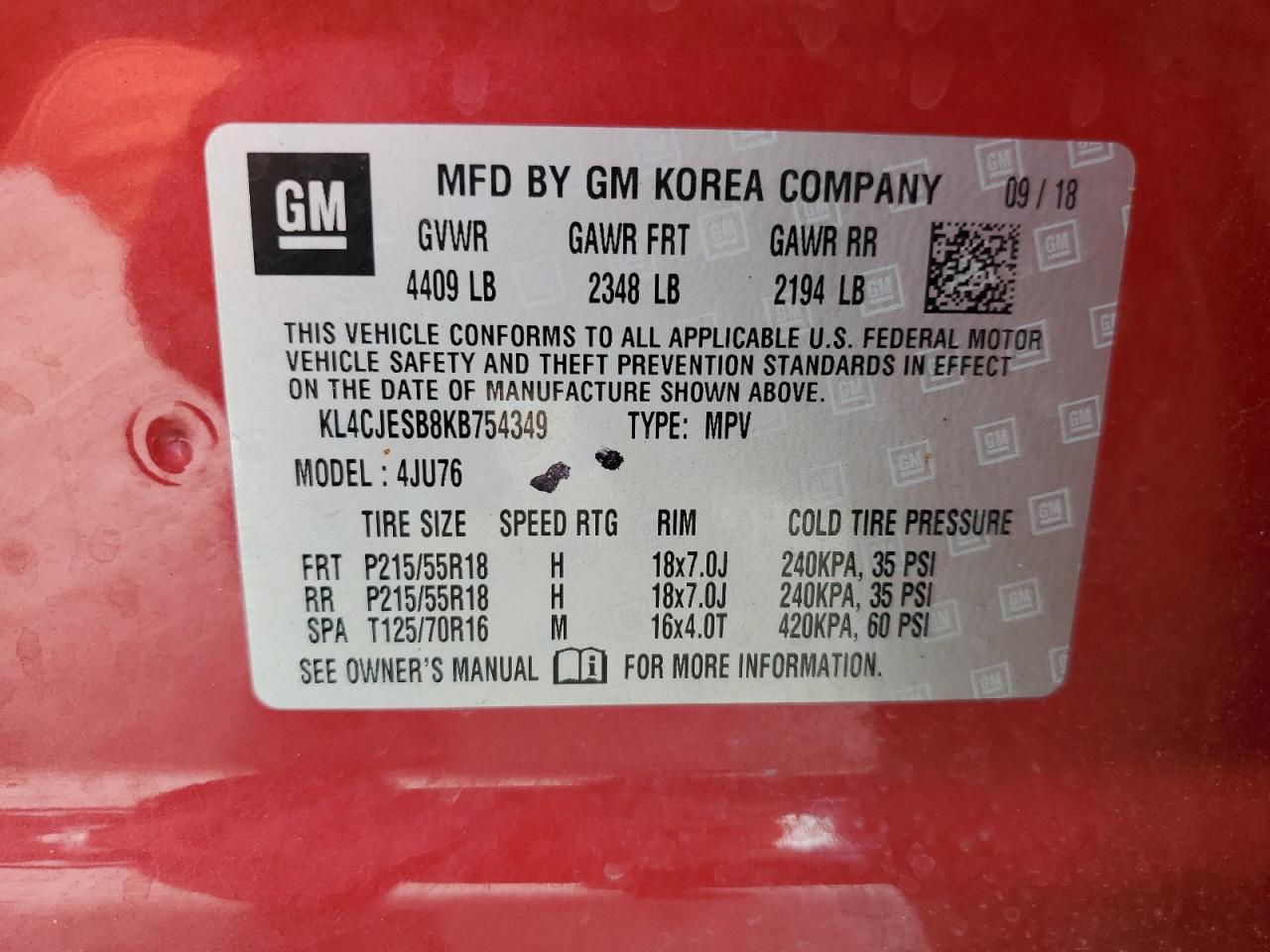 2019 Buick Encore Preferred VIN: KL4CJESB8KB754349 Lot: 60247734