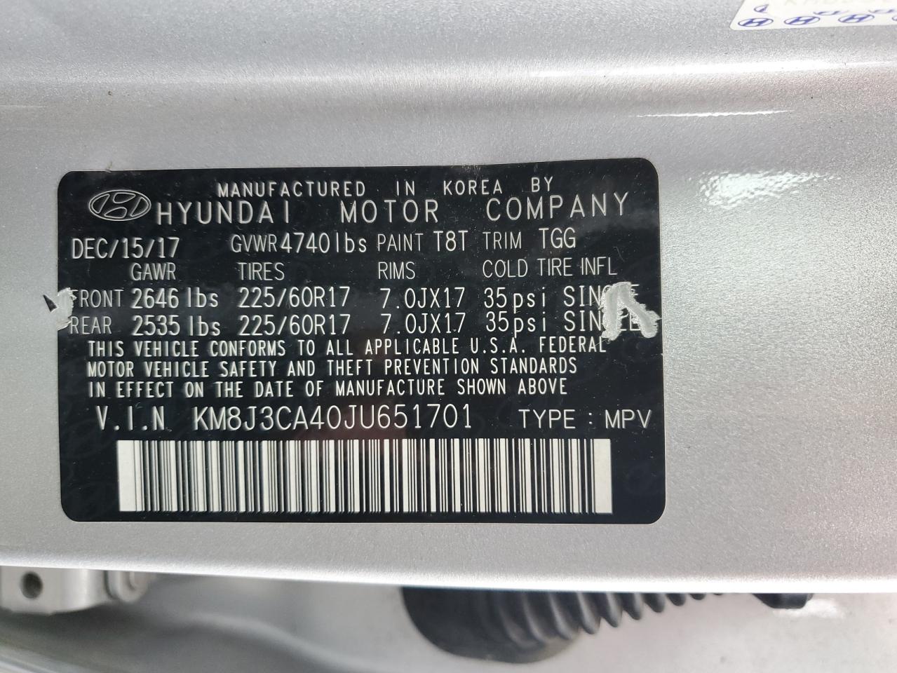 2018 Hyundai Tucson Sel VIN: KM8J3CA40JU651701 Lot: 59963874