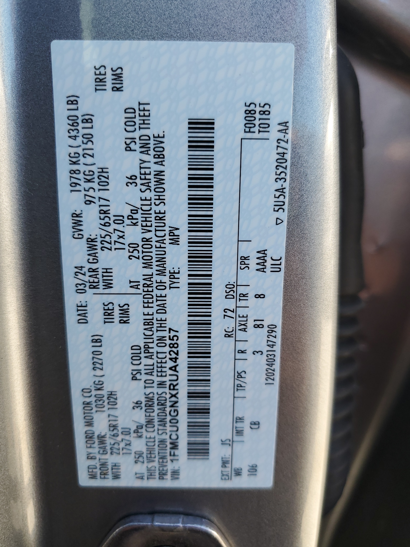 1FMCU0GNXRUA42857 2024 Ford Escape Active