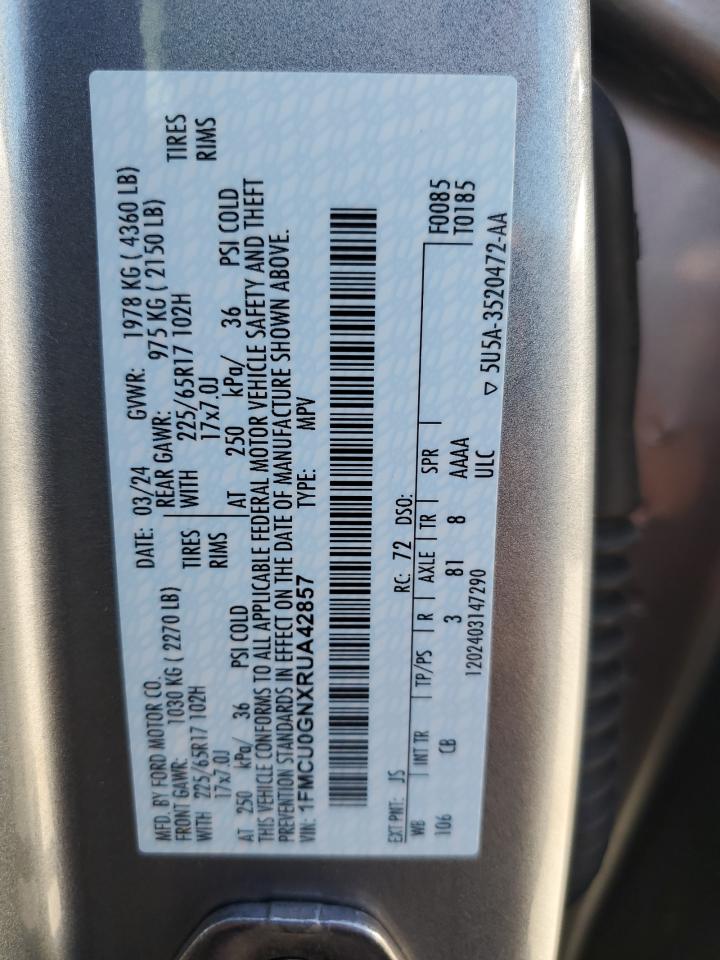 2024 Ford Escape Active VIN: 1FMCU0GNXRUA42857 Lot: 61013114