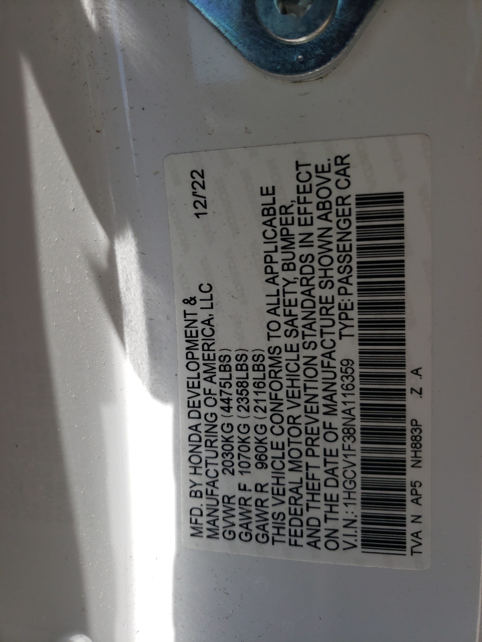 1HGCV1F38NA116359 2022 Honda Accord Sport