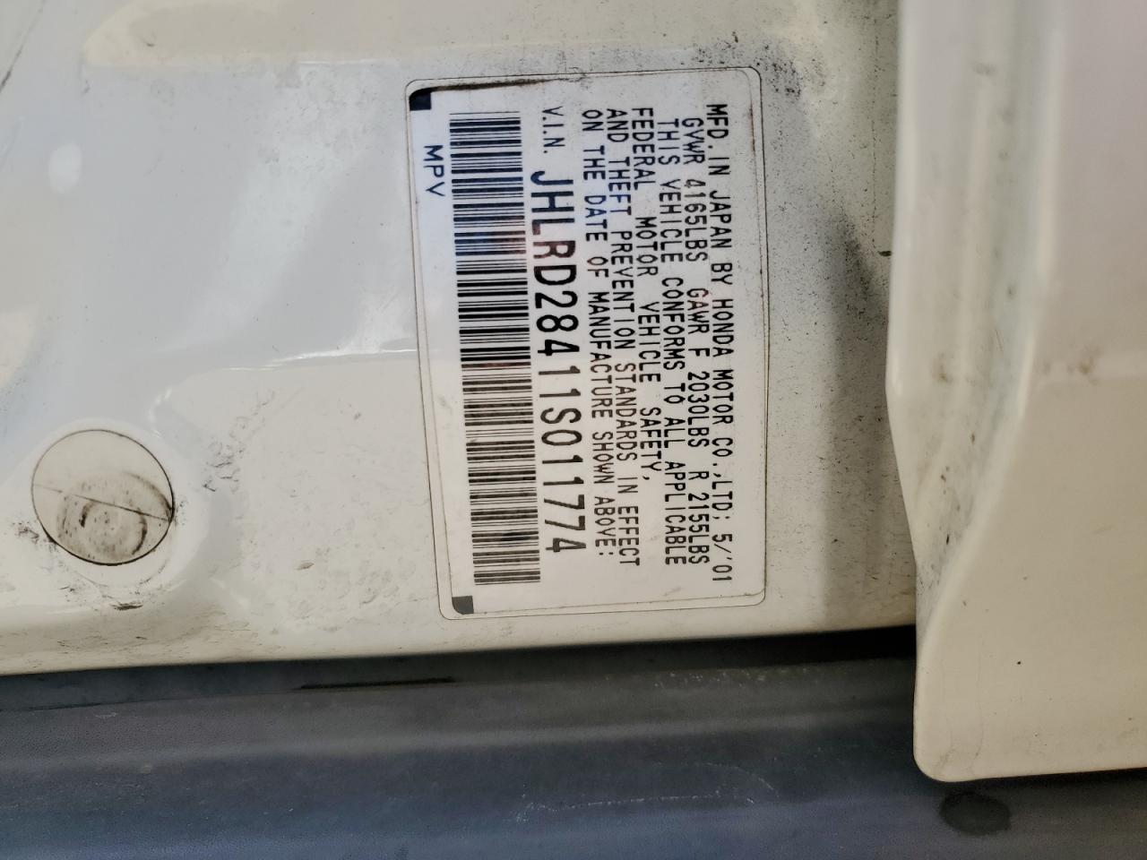 2001 Honda Cr-V Lx VIN: JHLRD28411S011774 Lot: 61155164