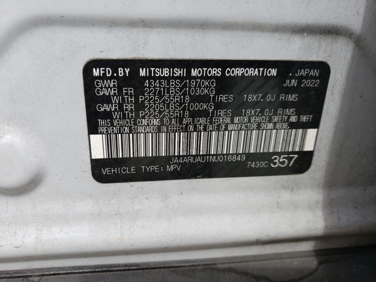 2022 Mitsubishi Outlander Sport Es VIN: JA4ARUAU1NU016849 Lot: 57927164