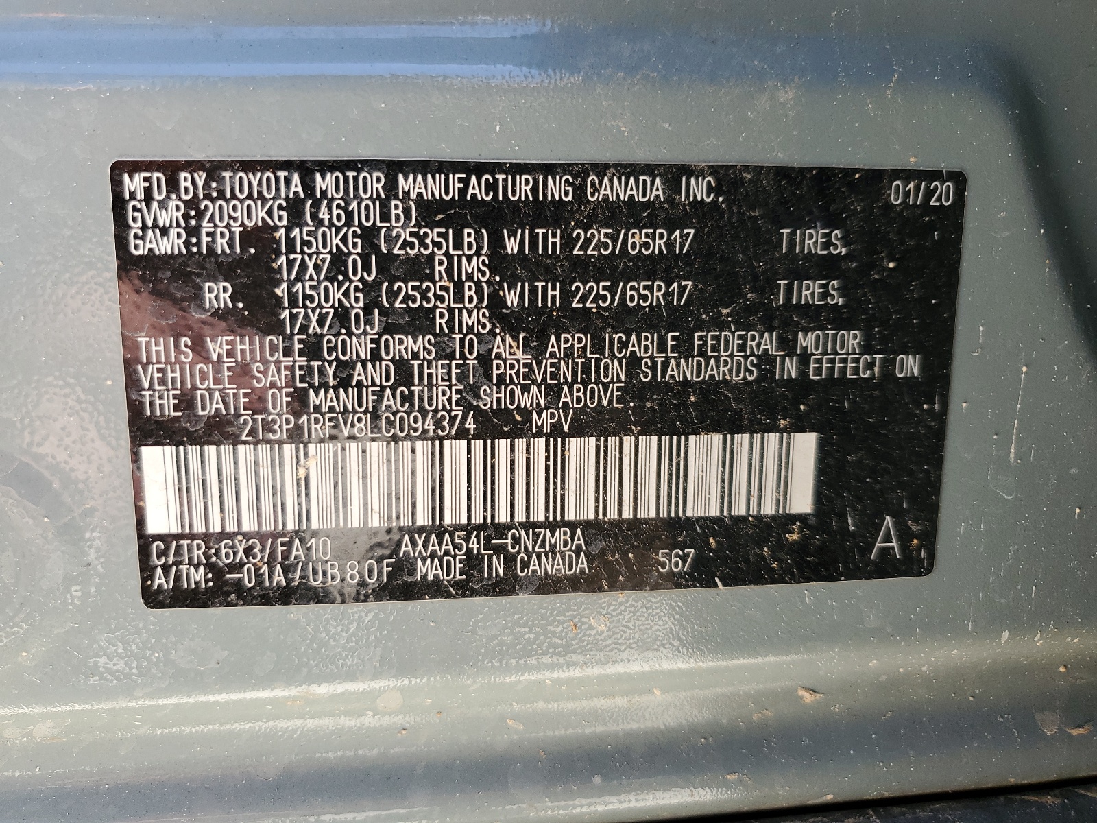 2T3P1RFV8LC094374 2020 Toyota Rav4 Xle