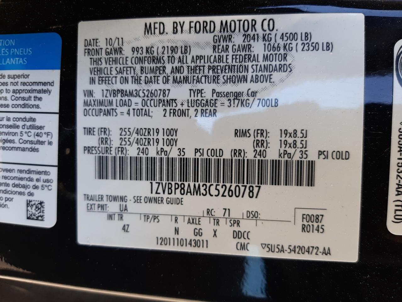 2012 Ford Mustang VIN: 1ZVBP8AM3C5260787 Lot: 57150254