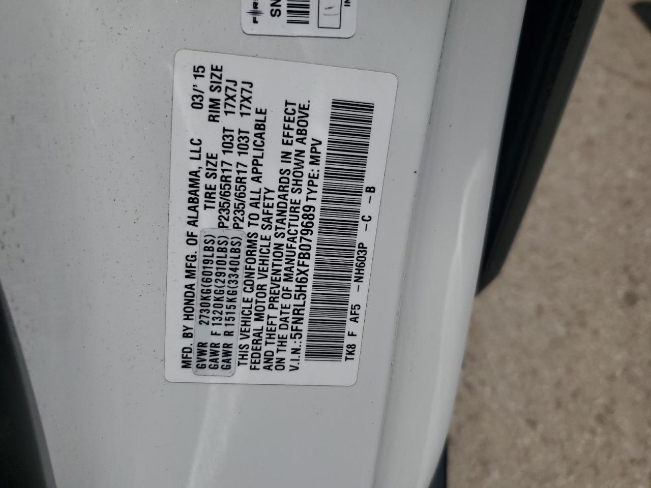 5FNRL5H6XFB079689 2015 Honda Odyssey Exl